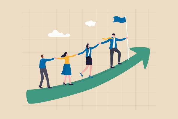 Teamwork cooperate together to achieve target, leadership to build team walking up rising growth arrow, career development concept, businessman leader holding hand with employee walking up arrow graph Teamwork cooperate together to achieve target, leadership to build team walking up rising growth arrow, career development concept, businessman leader holding hand with employee walking up arrow graph leading illustrations stock illustrations