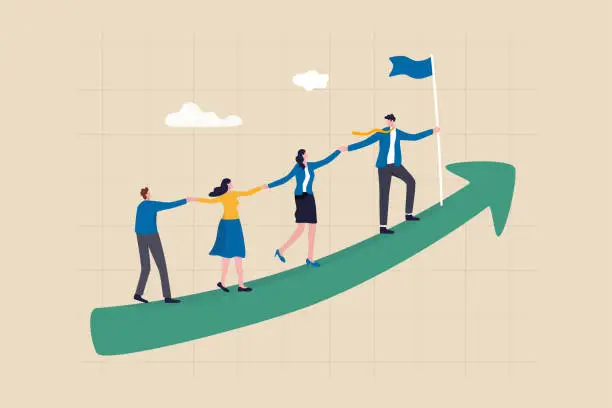 Vector illustration of Teamwork cooperate together to achieve target, leadership to build team walking up rising growth arrow, career development concept, businessman leader holding hand with employee walking up arrow graph