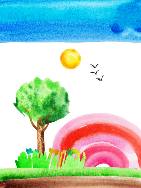 istock Watercolor hand drawn naive kids drawing with rainbow, sun, sky, birds, tree, grass and meadow 1331064766