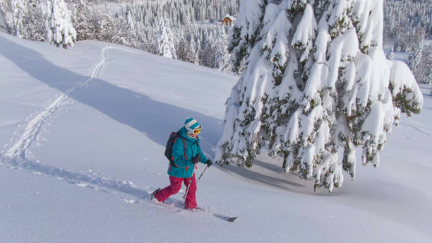 istock AERIAL: Fit female tourist hikes along an ungroomed slope while splitboarding. 1331065969