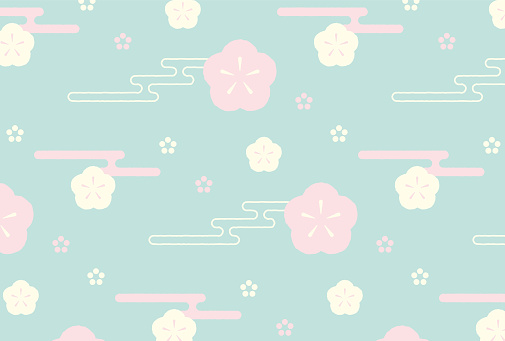 seamless pattern with plum blossoms and clouds for banners, greeting cards, flyers, social media wallpapers, etc.