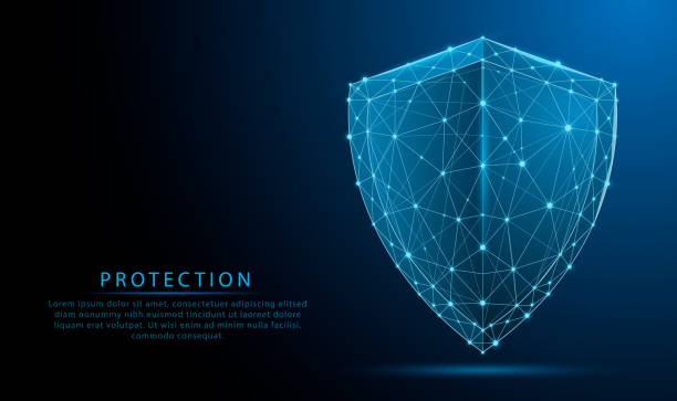 3d Futuristic glowing low polygonal guard shield symbol isolated on dark blue background. Cyber security. data protection concept. Modern wireframe design vector illustration. 3d Futuristic glowing low polygonal guard shield symbol isolated on dark blue background. Cyber security. data protection concept. Modern wireframe design vector illustration. hologram illustrations stock illustrations