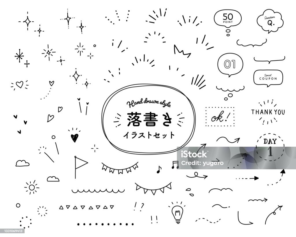 Un conjunto de ilustraciones de garabatos. La palabra japonesa significa lo mismo que el título en inglés. - arte vectorial de Dibujo libre de derechos