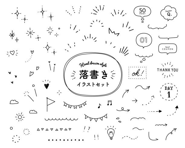A set of doodle illustrations. The Japanese word means the same as the English title. A set of doodle illustrations. The Japanese word means the same as the English title.
The illustrations have elements of doodles, stars, sparkles, hearts, decorations, frames, speech bubbles, arrows. performance illustrations stock illustrations