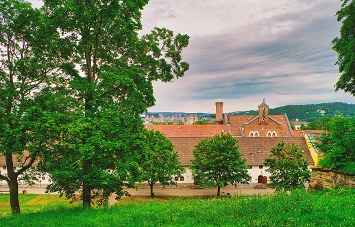 Oslo, Norway, June 19, 2019:\nLooking at the complex of the Akershus Fortress (Norwegian: Akershus Festning) or Akershus Castle (Norwegian: Akershus slott), which is a medieval castle in the Norwegian capital Oslo that was built to protect and provide a royal residence for the city.