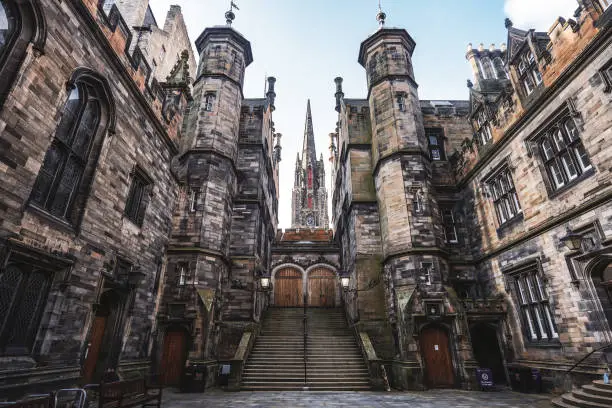Landscape image of the School of Divinity, New College, The University of Edinburgh, Scotland. Looks like Hogwarts School of Witchcraft from Harry Potter.