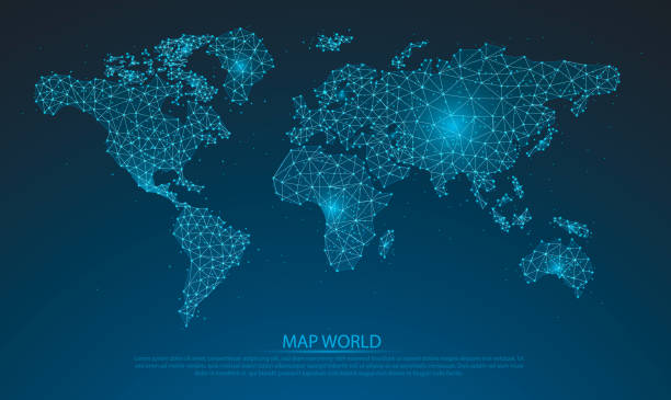 illustrazioni stock, clip art, cartoni animati e icone di tendenza di linee di mash astratte e scale di punti su sfondo blu scuro con mappa del mondo. linea di rete poligonale in rete 3d blu incandescente, sfera di progettazione, punto e struttura. illustrazione vettoriale eps 10. - technology globe sphere planet