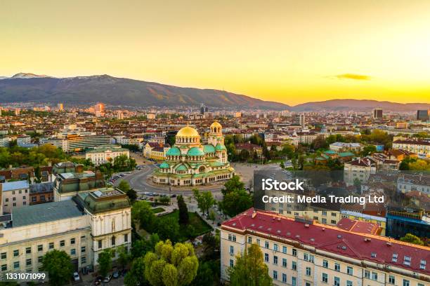 Beautiful Drone Shot Of Downtown District Of Sofia Bulgaria St Alexader Nevski Cathedral In The Middle Gold Colored Domes Bulgarian Красив Кадър От Дрон На Централната Част На София България Хра Stock Photo - Download Image Now