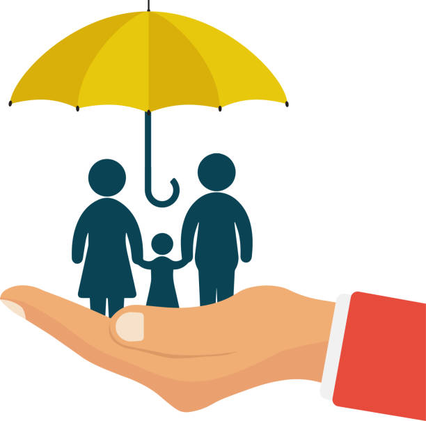 Concept of family protecting their future. Vector illustration of life insurance to protect their financial burden and health. An insurance banner that helps them ease financing and payments. The concept of life insurance, family protection, members and risk coverage will be financially supported to secure a beautiful family with husband, wife and children. It is protected in a human hand by a yellow umbrella. Background solid white color. life insurance stock illustrations