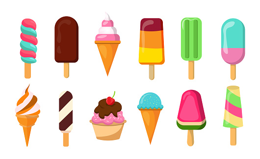 A collection of chocolate, vanilla and fruit frosting varieties. Twelve ice cream illustrations on cone, plate and stick. Vector illustration of summertime snack colorful ice cream. Background solid white color.
