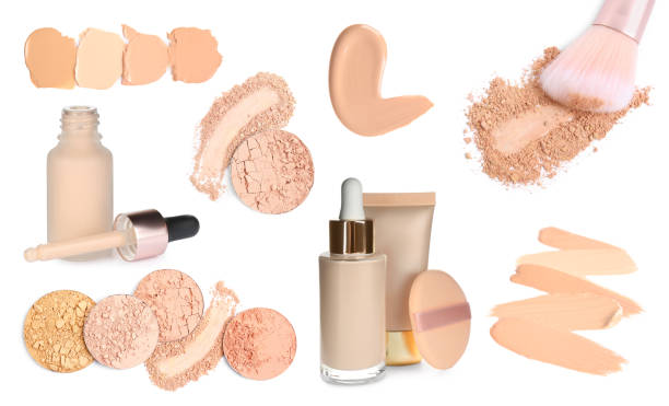 istock Set with different liquid foundation and face powder on white background 1331075417