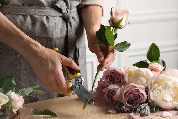 istock Florist cutting flower stem with pruner at workplace, closeup 1331075917