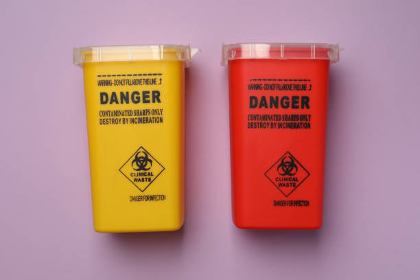 istock Sharps containers for used syringe on violet background, flat lay 1331077516