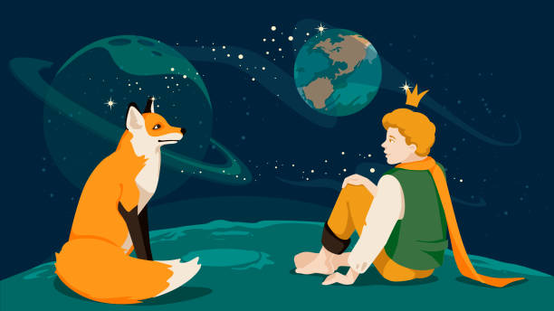 ilustraciones, imágenes clip art, dibujos animados e iconos de stock de el principito hablando con su amigo zorro en el planeta amoung cielo estrella de la noche. cuento de hadas famoso. - childrens literature