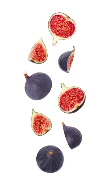 Falling figs isolated on a white background. Flying fruits for packaging design. Flying down figs. Falling figs isolated on a white background. Flying fruits for packaging design. Flying down figs. Healthy natural food. fig photos stock pictures, royalty-free photos & images