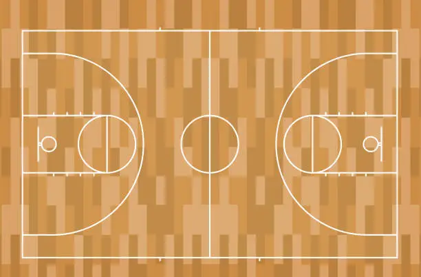 Vector illustration of Vector illustration of basketball court with striped floor. Basketball court banner concept with white markings and wood texture.
