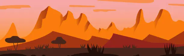 Vector illustration of Panoramic landscape hot sunny savannah desert - Vector