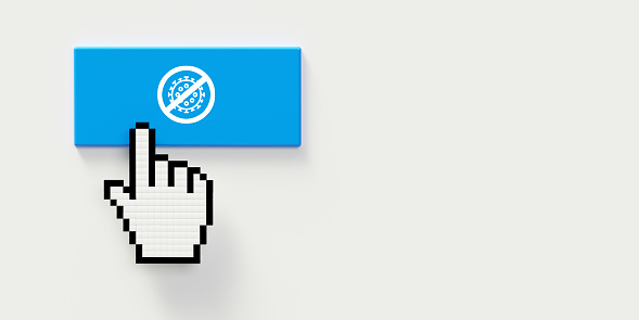 3D pixel hand cursor button symbol concept: Finger symbol directing on a blue sign with a message. Grey background with large space for additional text message. Online guidance and help. Advising to go to the link by pressing the icon.