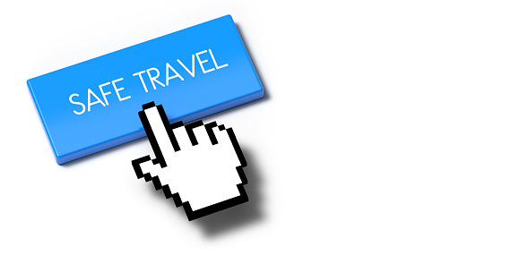 3D pixel hand cursor button symbol concept: Finger symbol directing on a blue sign with a message. White background with large space for additional text message. Online guidance and help. Advising to go to the link by pressing the icon.