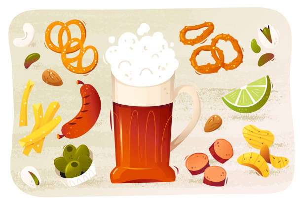 ilustraciones, imágenes clip art, dibujos animados e iconos de stock de una taza de cerveza rodeada de bocadillos de cerveza populares: pretzels, nueces y salchichas. ilustración vectorial - beer nuts party design fruit