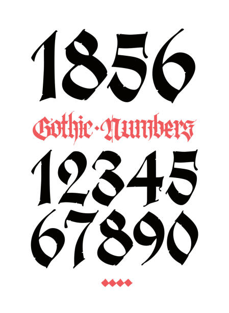 gotische figuren. vektor. schöne und stilvolle kalligraphie. elegante europäische schrift für tattoo. mittelalterlicher moderner stil. schwarze symbole und zahlen werden separat auf weißem hintergrund gespeichert. - you are here englischer satz stock-grafiken, -clipart, -cartoons und -symbole