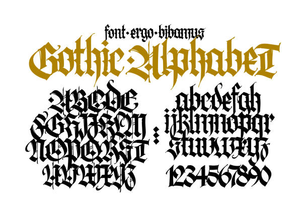 gothic. vektor. huruf besar dan huruf kecil hitam dengan latar belakang putih. kaligrafi yang indah dan bergaya. font elegan untuk tato. gaya modern eropa abad pertengahan. surat-surat itu ditulis dengan pena. - tato kegiatan ilustrasi stok