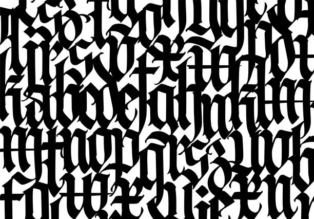 mittelalterliches gotisches muster. vektor. europäische moderne gotik. schwarze buchstaben auf weißem hintergrund. alle briefe werden handgeschrieben mit einem stift geschrieben. kleinschrift. ornament für verpackungen und kleidung. - you are here englischer satz stock-grafiken, -clipart, -cartoons und -symbole