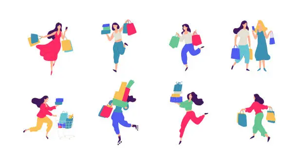 Vector illustration of Cheerful shoppers characters illustration. Vector. Happy people with purchases. Buyers with goods and packages. Each hero is isolated on a white background. Discounts and Black Friday for consumers.