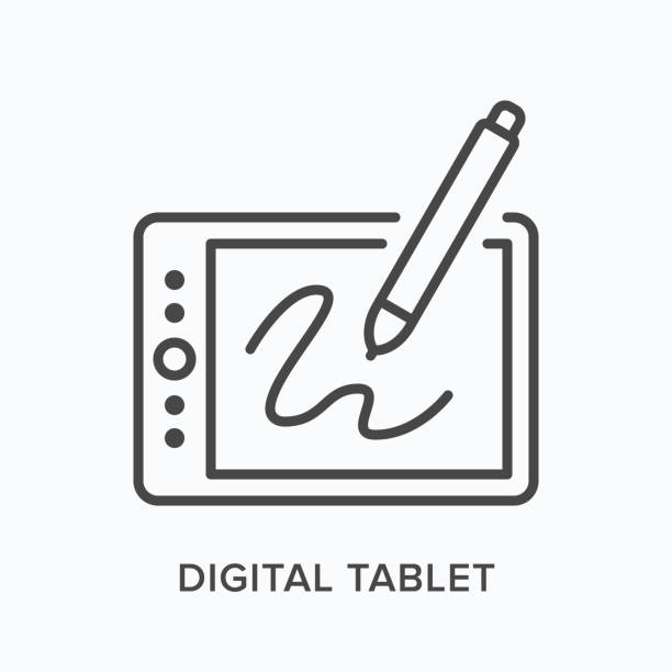 digitales tablet-symbol für flache linien. vektorumrissdarstellung von gerät und bleistift. schwarzes dünnes lineares piktogramm zum zeichnen von gadgets - computerstift stock-grafiken, -clipart, -cartoons und -symbole