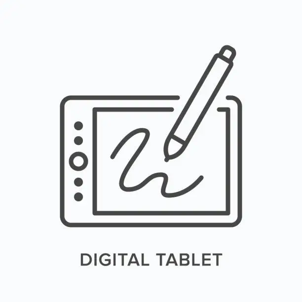 Vector illustration of Digital tablet flat line icon. Vector outline illustration of device and pencil. Black thin linear pictogram for drawing gadget