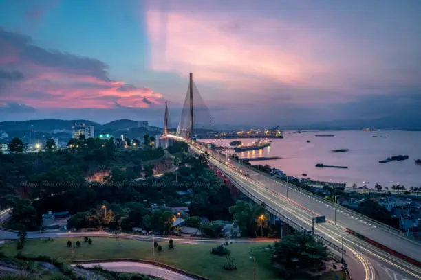 Nice sunset bridge in Ha Long city northern Vietnam