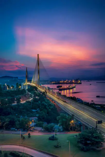 Nice sunset bridge in Ha Long city northern Vietnam