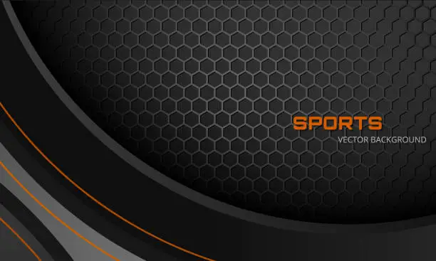 Vector illustration of Abstract dark gray sports background with hexagon carbon fiber and orange lines.