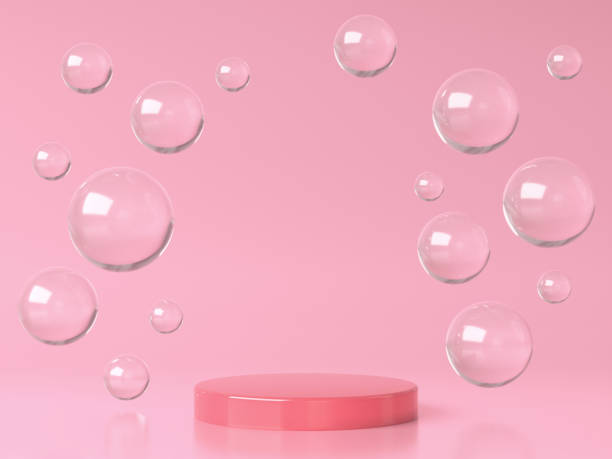 istock Pink round stage, podium and glass bubbles or spheres in pink studio. 3d rendering 1331092430