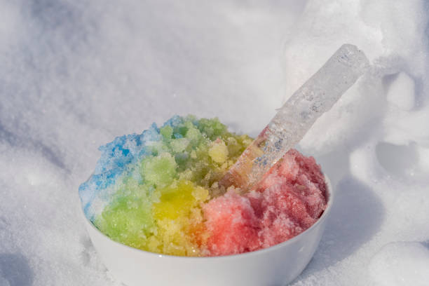 istock Rainbow shaved ice in dessert bowl on white snow background, close up 1331093199