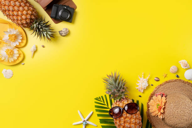 istock Summer fruit background design concept. Beach with shells, pineapple and palm leaves on yellow background. 1331096761
