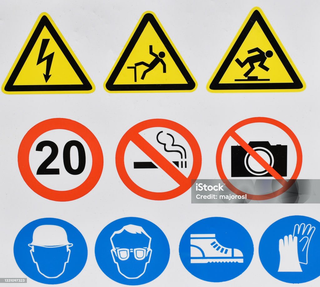 Pictogram signs at the construction area Blue Stock Photo