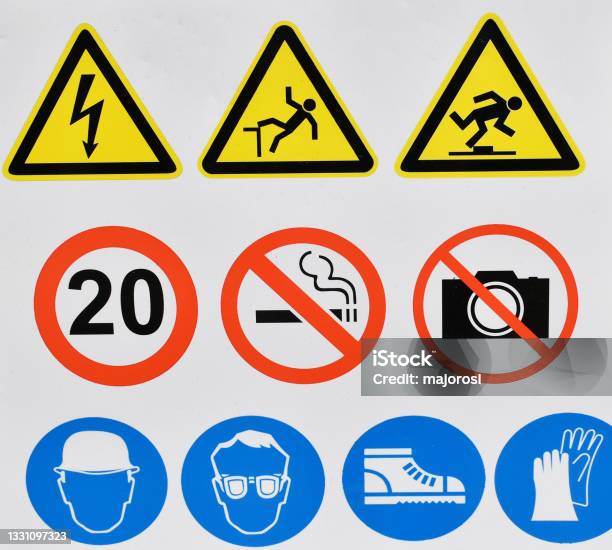 Pictogram Signs At The Construction Area Stock Photo - Download Image Now - Blue, Brogue, Circle