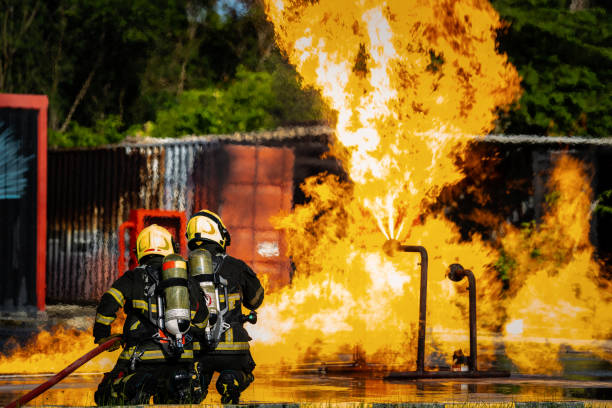istock Firefighters are conducting fire drills by spraying water to extinguish the raging fire. 1331100533