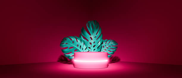 istock Mockup podium for product on dark pink background with neon glowing geometry shape 3d render 1331101806