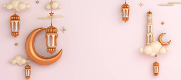 istock Islamic decoration background with crescent moon lantern, copy space text, ramadan kareem, mawlid, iftar, isra  miraj, eid al fitr adha, muharram, 3D illustration. 1331103218