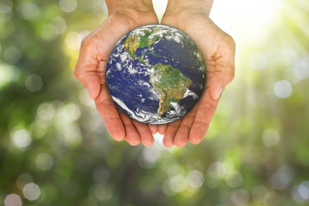 istock Hands holding planet earth on blurred green nature with sunlight background, elements of this image furnished by NASA, environmental concept 1331106169