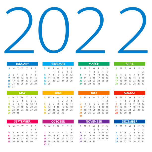 カレンダー2022 - カラーベクトルイラスト。週は日曜日に始まる - 2022年点のイラスト素材／クリップアート素材／マンガ素材／アイコン素材