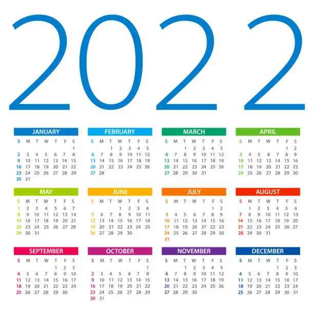 Vector illustration of Calendar 2022 - color vector illustration. Week starts on Sunday
