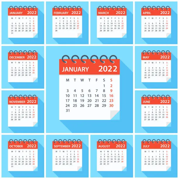 Vector illustration of Calendar 2022 - Flat Modern Colorful. Week starts on Monday
