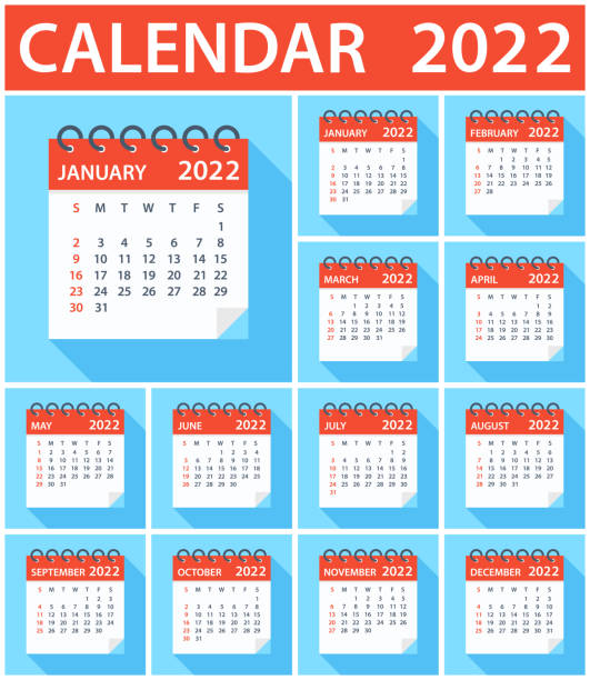 kalender 2022 - flat modern bunt. woche beginnt am sonntag - august calendar stock-grafiken, -clipart, -cartoons und -symbole