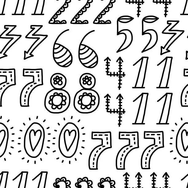 Vector illustration of Doodle numbers. Vector seamless pattern with line numbers.