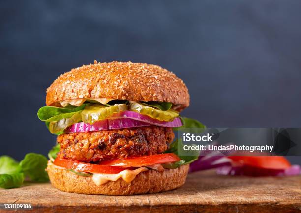 Closeup Of A Veggie Burger With Copy Space Stock Photo - Download Image Now - Veganism, Veggie Burger, Protein