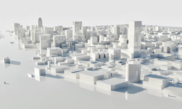 モノクロの超高層ビルと大都市。建築とビジネス都市計画の概念。低ポリゴンの都市景観シーン。メガプロジェクトテーマの青写真。スペースをコピーします。3d イラストレンダリング - 3d scene ストックフォトと画像