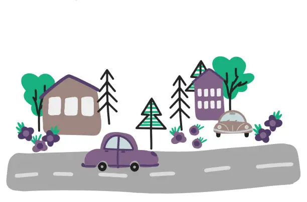 Vector illustration of Children's composition with hand-drawn cars and houses, trees in the Scandinavian style, cartoon and bright print on the car theme, stylish and simple illustration, vector print for printing